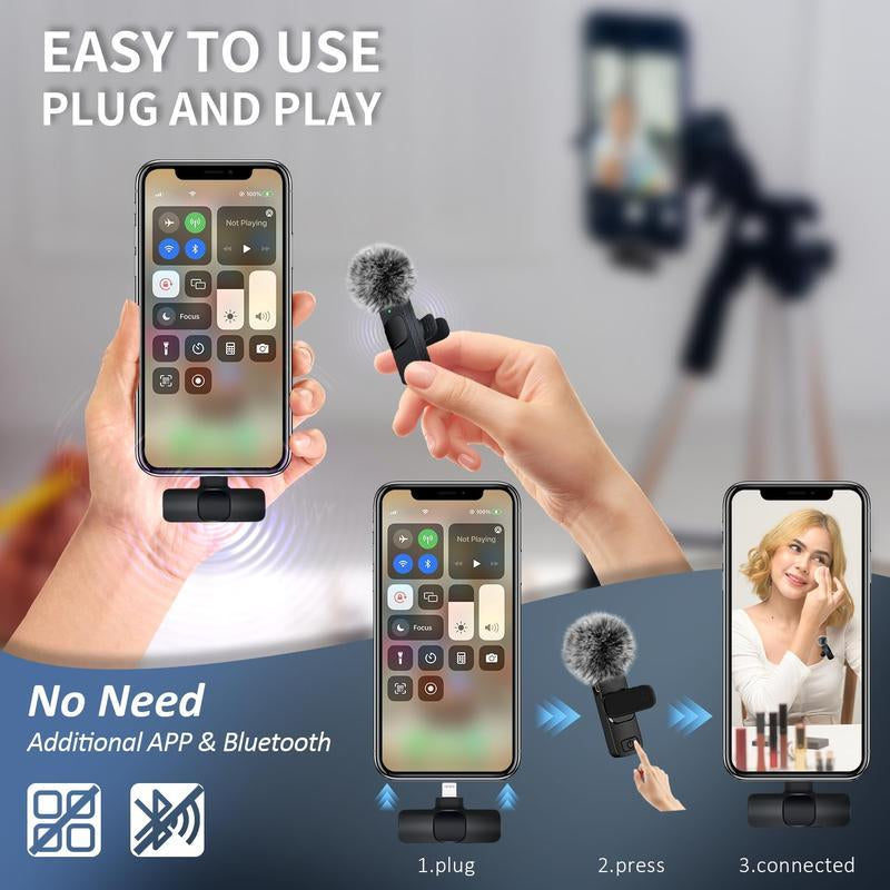 2 Pcs Wireless Microphones for Iphone, Android, Ipad - Mini Wireless Clip-On Microphones Crystal Clear Sound Quality for Recording, Live Streaming,Vlog Microfono Minimic Usb C Interface Smartphone